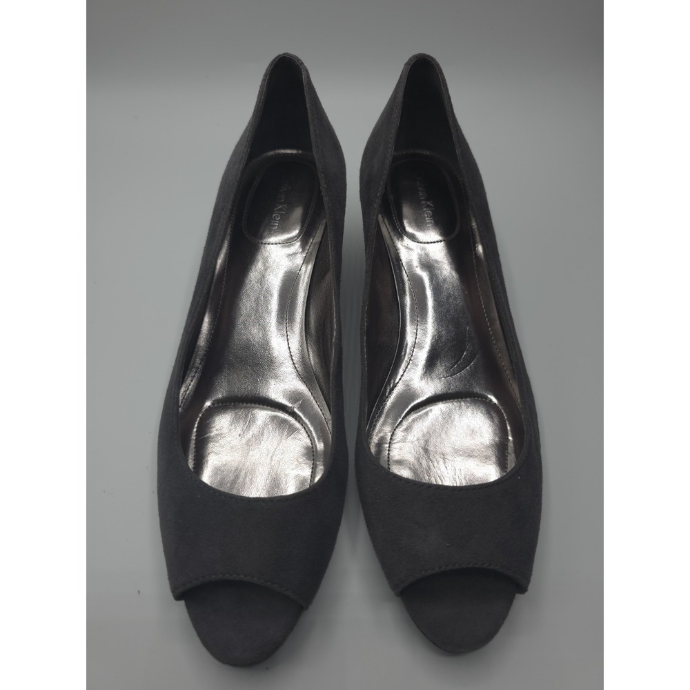Calvin klein dark gray or charcoal suede peep-toe wedge shoes by with silver Sz9